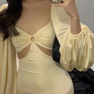 Oh Polly Elegant Cream Long Sleeve Dress with Cut-Outs